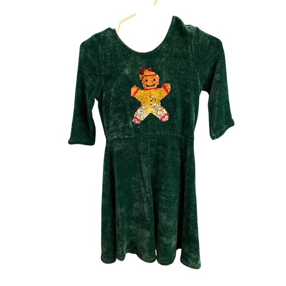 Girls Green Velour Holiday Dress W/ Sequin Gingerbread Flipping Design By 2-Hip - Picture 1 of 6
